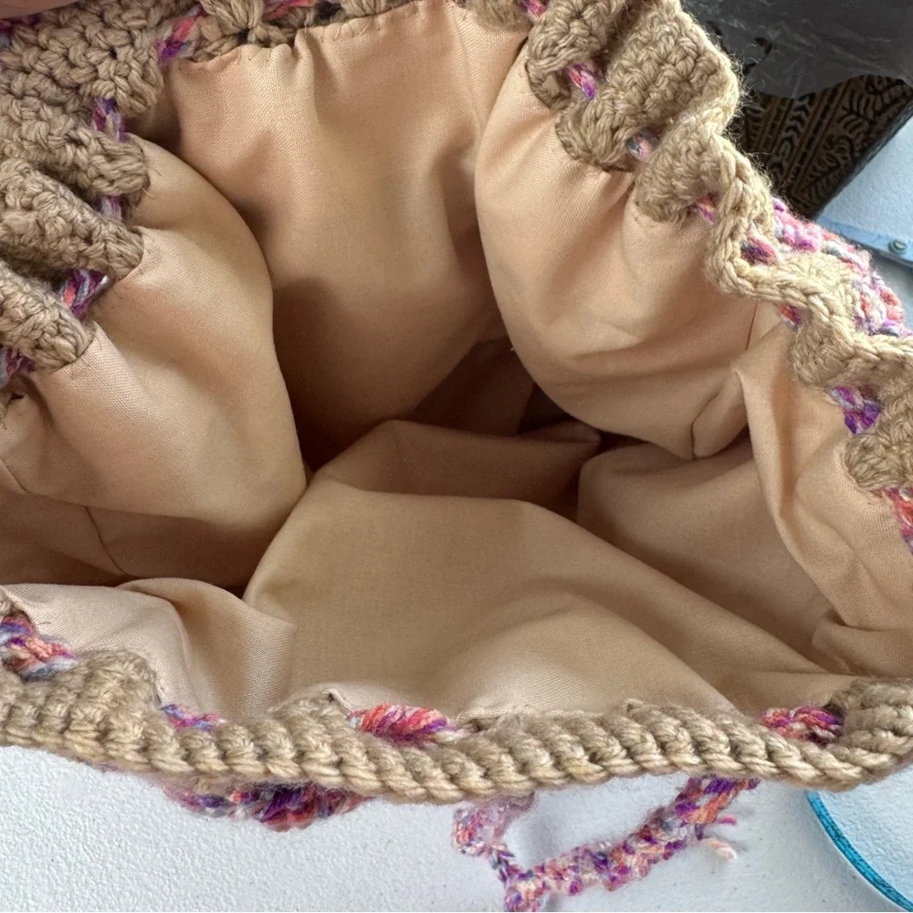 Boho Handmade Crochet Granny Square Drawstring Backpack‎ Bag Purse Pink Tan